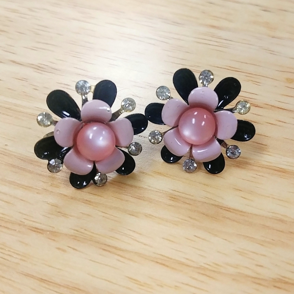 Flower Earrings Pink & Black Enamel Screw Backs